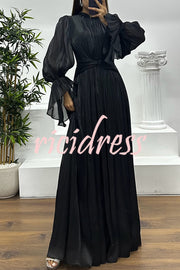 Ellah Shiny Fabric Chinese Stand Collar Twist Waist Balloon Sleeve Maxi Dress