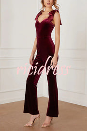 Merlot Sippin' Velvet Shoulder Tie Flare Stretch Jumpsuit