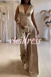 Roisin Metallic Fabric Ruched Shoulder V-neck Wide Leg Drape Jumpsuit