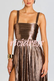 Artistic Quality Metallic Pleated Fabric Removable Straps Slit Maxi Dress