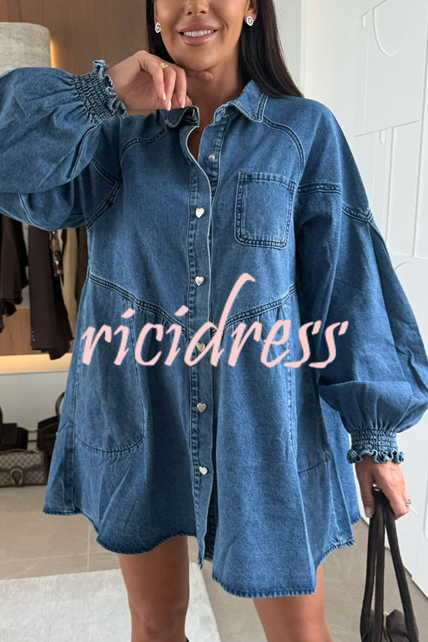 Fashion Heart Button Long Sleeve Casual Pocket Denim Mini Dress