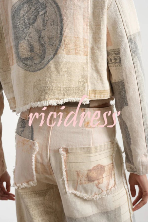 Historic Imagery Unique Print High Rise Pocketed Wide Leg Jeans