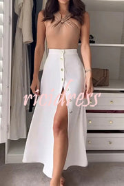 Stylish Sleeveless Stretch Fit Top and Relaxed Buttoned Slit Maxi Skirt Set