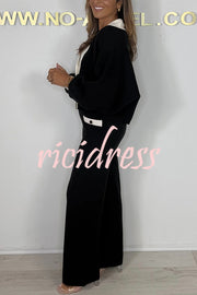 Fashion Contrast Color V-neck Loose Cardigan and Elastic Waist Casual Pants Set