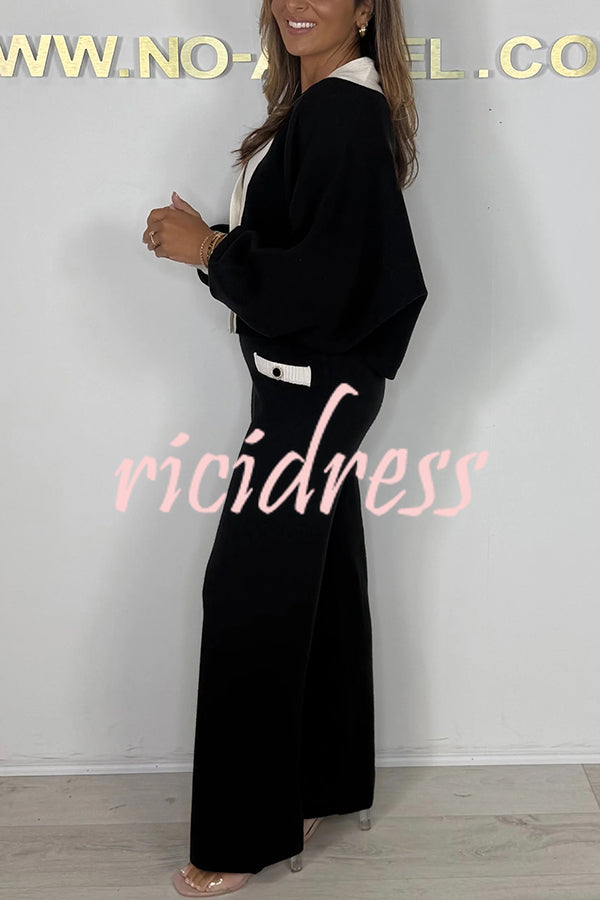 Fashion Contrast Color V-neck Loose Cardigan and Elastic Waist Casual Pants Set