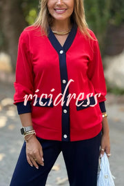 Stylish Color-blocked V-neck Knitted Button-down Cardigan and Elastic Waist Casual Wide-leg Pants Set