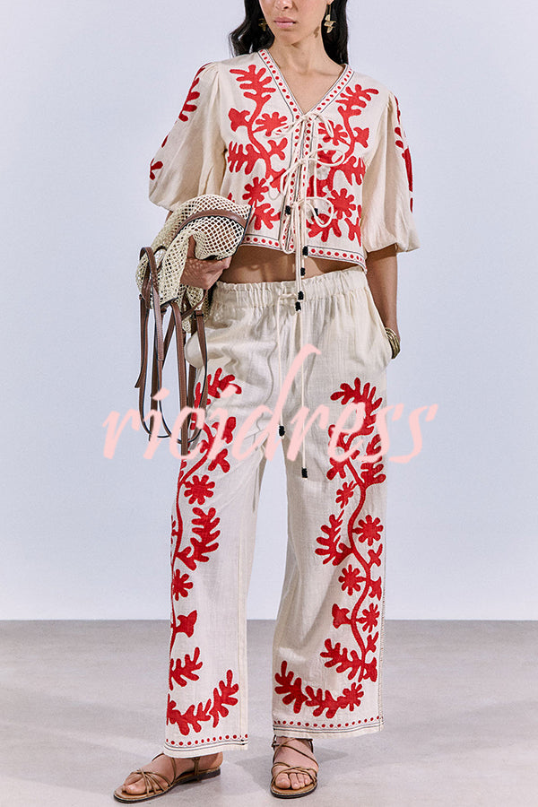Till Sunset Linen Blend Unique Print Lace-up Puff Sleeve Shirt