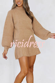 Solid Color Round Neck Puff Sleeve Loose Knit Sweater and Casual Striped Mini Skirt Set