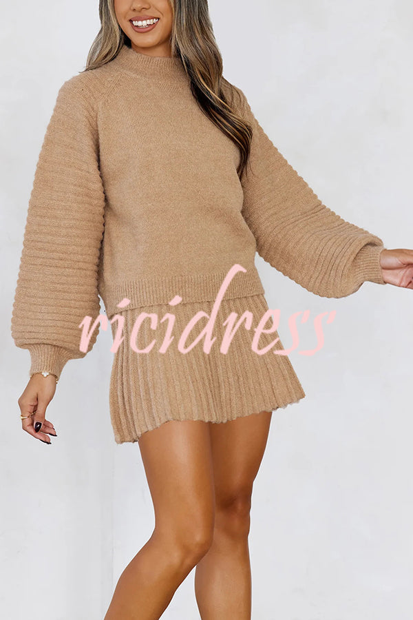 Solid Color Round Neck Puff Sleeve Loose Knit Sweater and Casual Striped Mini Skirt Set