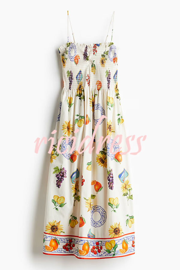 Summer Fruit Print Sling Pleated Vacation Midi Dress