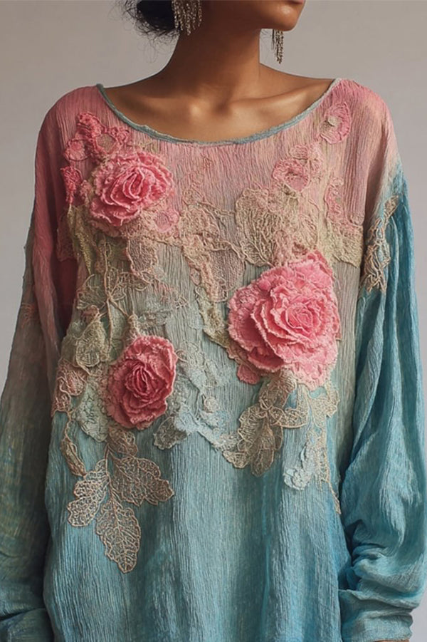 Bohemian Floral Print Round Neck Long-sleeved Loose Top