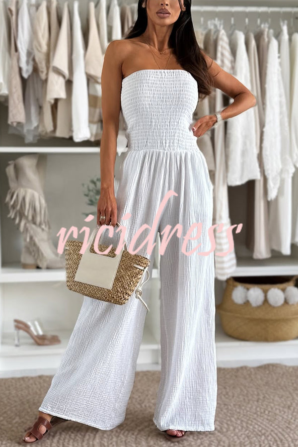 Linen Blend Solid Color Off-the-shoulder Pleated Casual Pocket Wide-leg Jumpsuit
