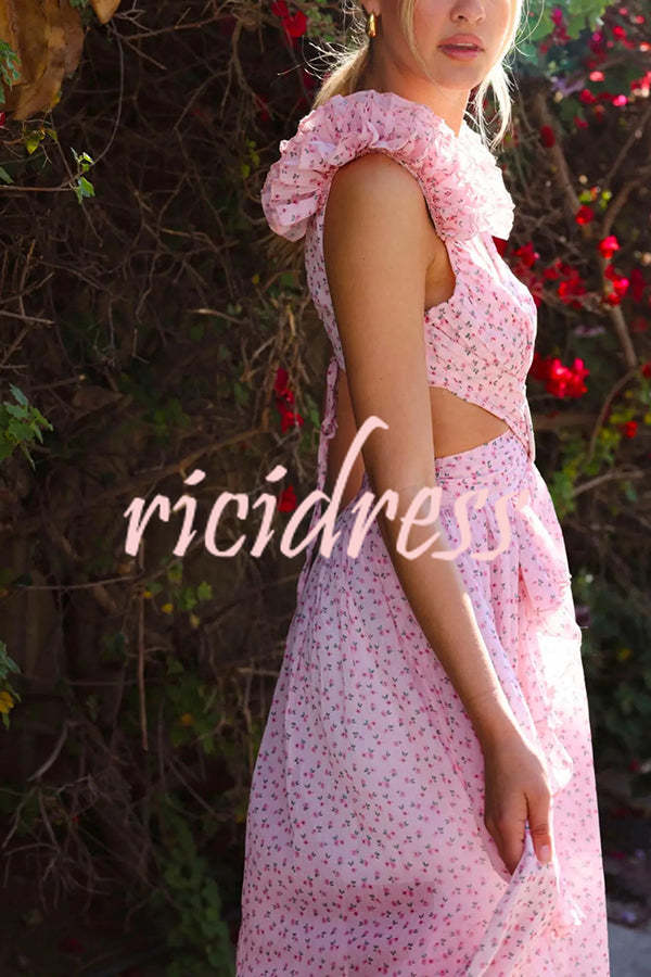 Wedding Dreams Chiffon Printed Flutter Sleeve Cutout Back Lace-up Maxi Dress