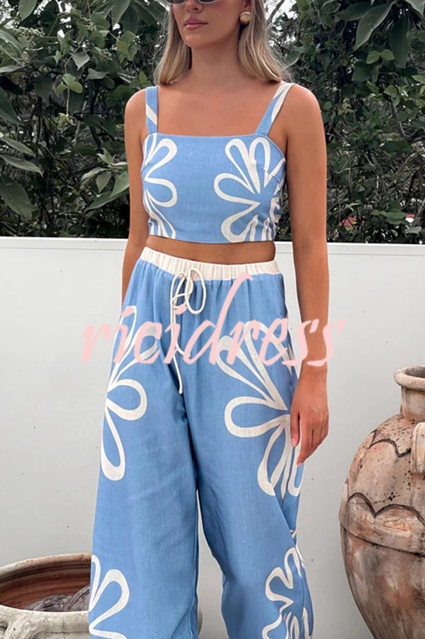 Floral Print Suspender Back Pleated Top and Elastic Waist Drawstring Pants Set