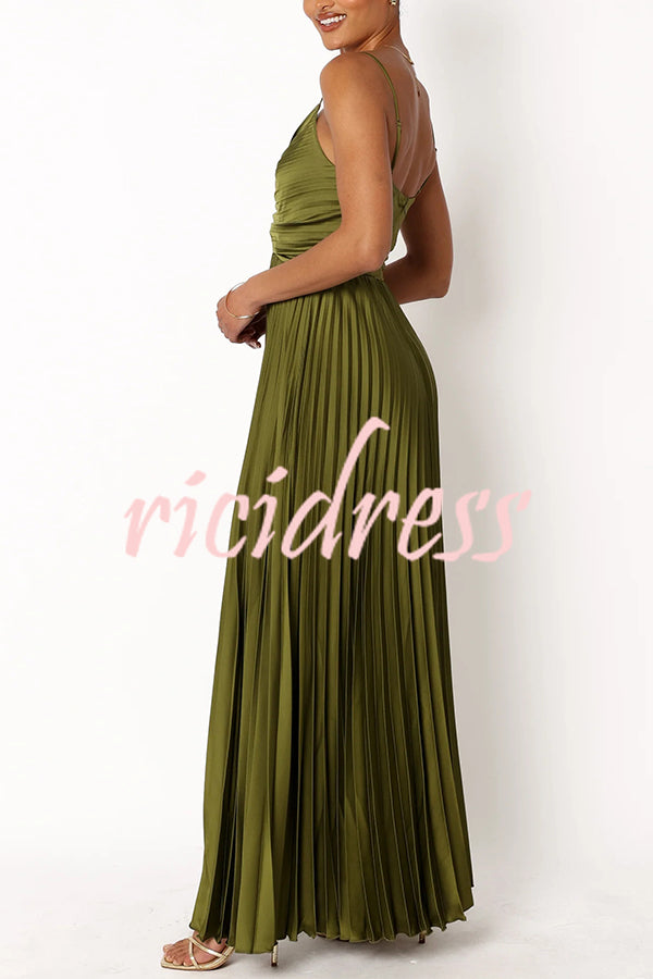Catch The Light Satin Pleated V-neck Slip Maxi Dress