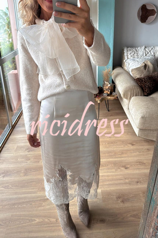 Orozco Knit Organza Bow Button-down Long Sleeve Loose Cardigan