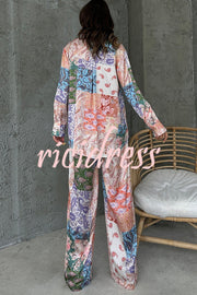 Unique Ethnic Print Long-sleeved Shirt and Elastic Waist Pants Set