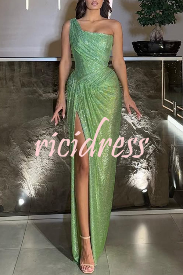Elisabeth Sequin Pleated Design One Shoulder Slit Drape Gown Maxi Dress