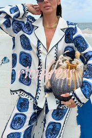 Unique Print Lapel Long Sleeve Shirt and Elastic Waist Wide Leg Pants Set