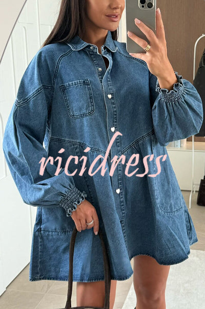 Fashion Heart Button Long Sleeve Casual Pocket Denim Mini Dress