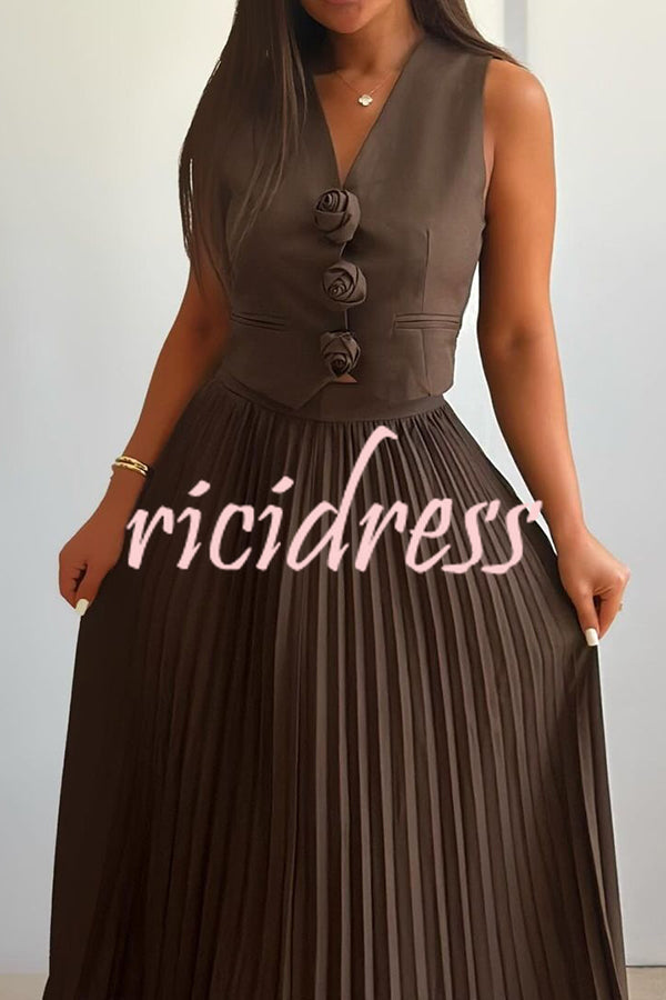 Stylish Rosette Sleeveless Tank Top and Pleated Maxi Skirt Set