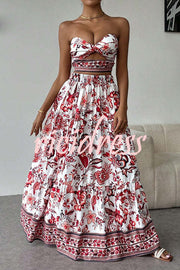 Floral Print Cutout Bandeau Top and Elastic Waist Full Maxi Skirt Set