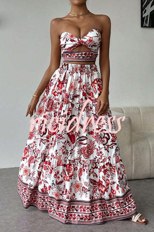 Floral Print Cutout Bandeau Top and Elastic Waist Full Maxi Skirt Set
