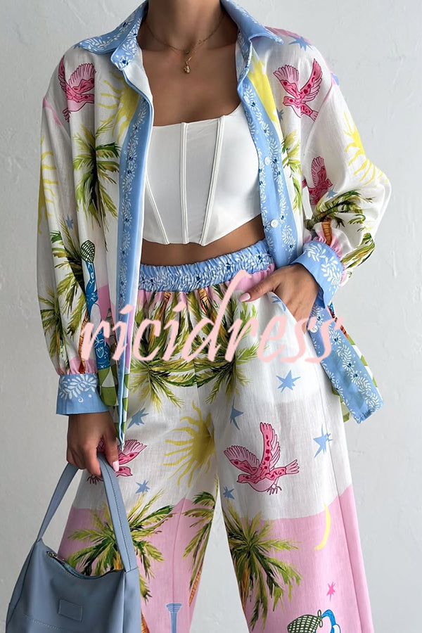 Holiday Style Print Loose Long Sleeve Shirt and Elastic Waist Loose Pocket Wide Leg Pants Set