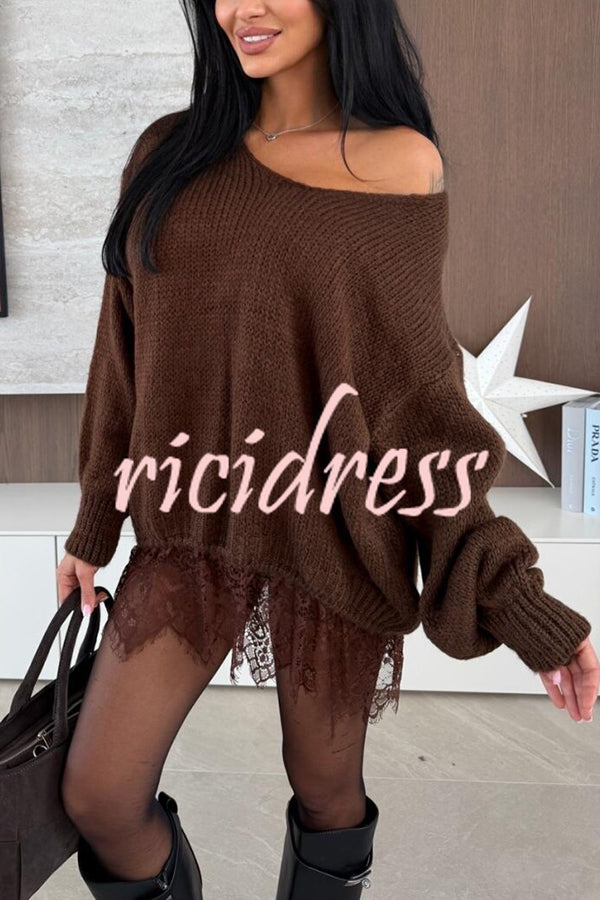 Comfy and Sweet Knit Lace Patchwork Hem Wide Neck Long Sleeve Loose Sweater
