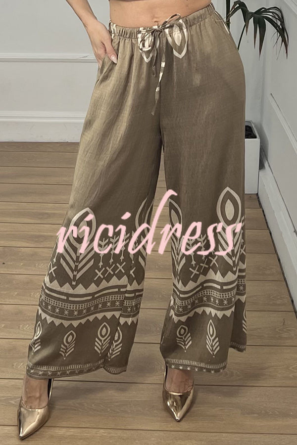 Unique Print Elastic Waist Casual Pocket Wide Leg Pants