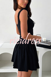 Summer Solid Color Elastic Shoulder Straps and Front Tie Mini Dress