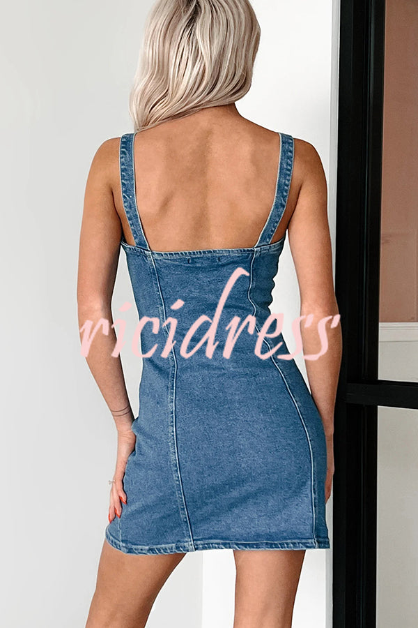 Sexy V-neck Open Back Button Slim Fit Denim Mini Dress