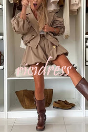 Fashion Style Button Long Balloon Sleeve Pocket Lapel Casual Bomber Jacket