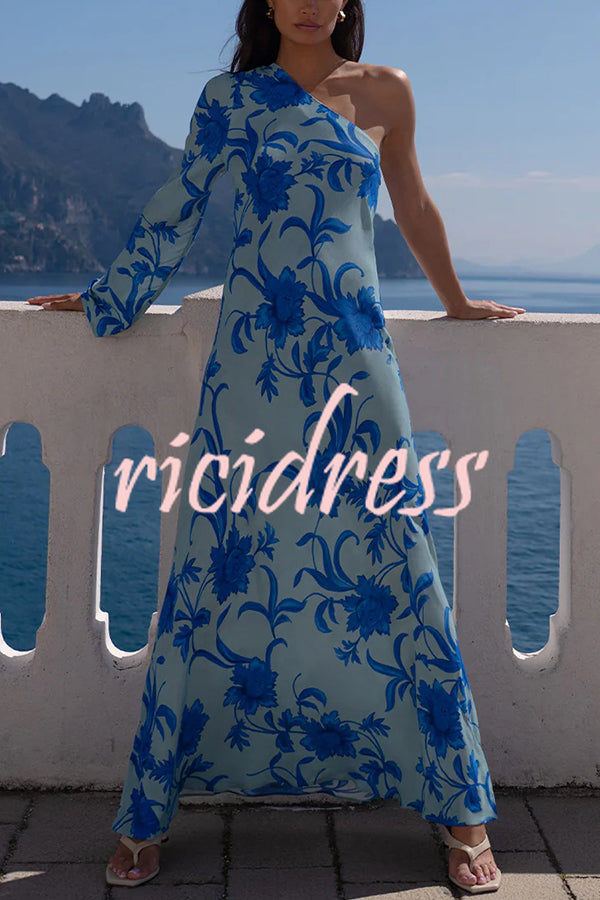 Satin Botanical Print One-Sleeve Resort Maxi Dress