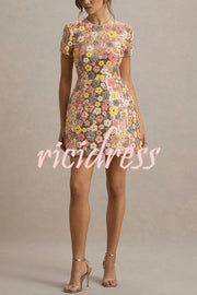 80's Inspired Floral Print Sequin Short Sleeve Stretch Mini Dress