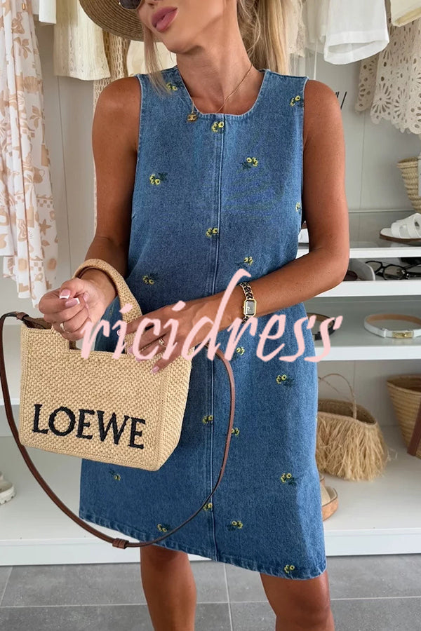 Floral Print Round Neck Sleeveless Loose Denim Mini Dress