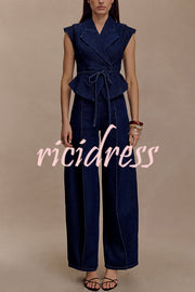 Charley Denim Button Up Cap Short Sleeve Structured Tie-up Lapel Top