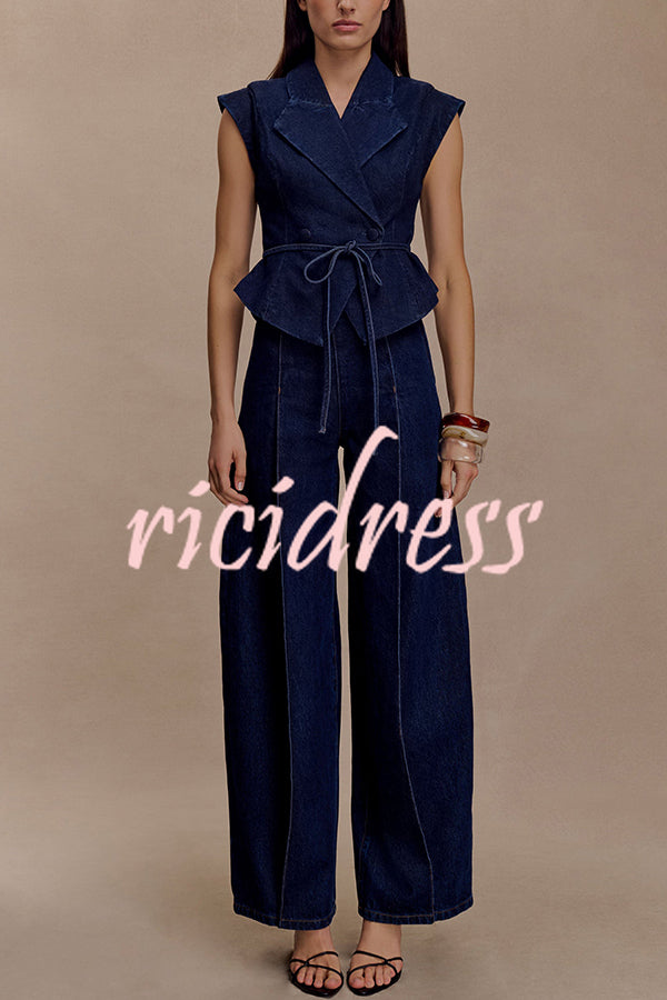 Charley Denim Button Up Cap Short Sleeve Structured Tie-up Lapel Top