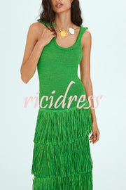 Solid Color Sleeveless Slim Fit Fringed Hem Knitted Midi Dress