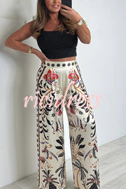 Satin Plant Print Elastic Waist Loose Wide Leg Pants