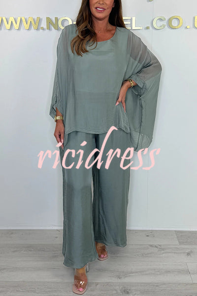 Solid Color Round Neck Loose Bat Sleeve Top and Elastic Waist Wide Leg Pants Set