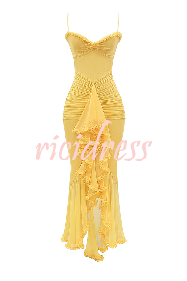 Retro Romantic Style Mesh Ruffle Trim Ruched Slit High Low Maxi Dress