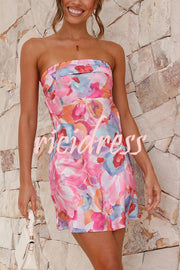 Dreamworld Satin Floral Print Sexy Strapless Backless Mini Dress