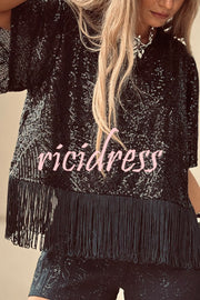 Full of Surprises Sequin Short Sleeve Tassle Trim Loose Top