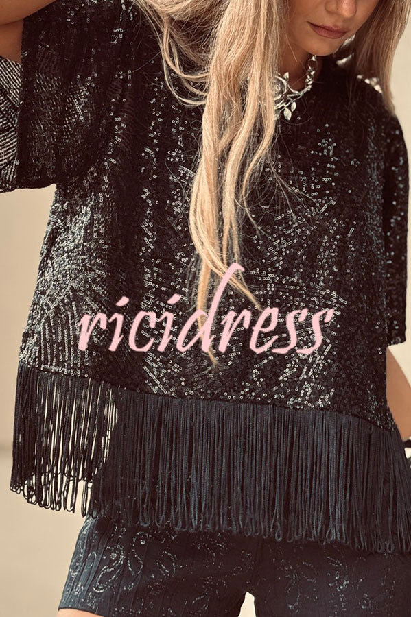 Full of Surprises Sequin Short Sleeve Tassle Trim Loose Top