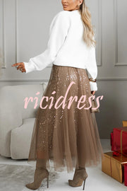 Party Daydream Sequin Tulle High Rise Elastic Waist Maxi Skirt
