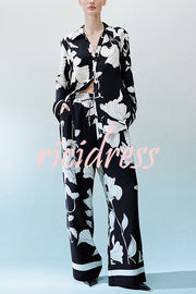 Unique Print Lapel Long Sleeve Loose Shirt and Elastic Waist Casual Pocket Wide Leg Pants Set