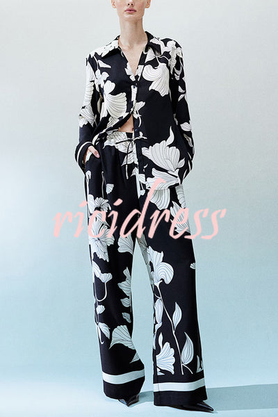 Unique Print Lapel Long Sleeve Loose Shirt and Elastic Waist Casual Pocket Wide Leg Pants Set