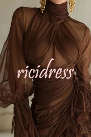 Sexy See-through Tulle High-neck Waist Pleated Ruffle Mini Dress