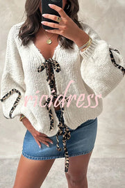 Fashionable Loose Long-sleeved Leopard Print Lace-up Knitted Sweater Cardigan